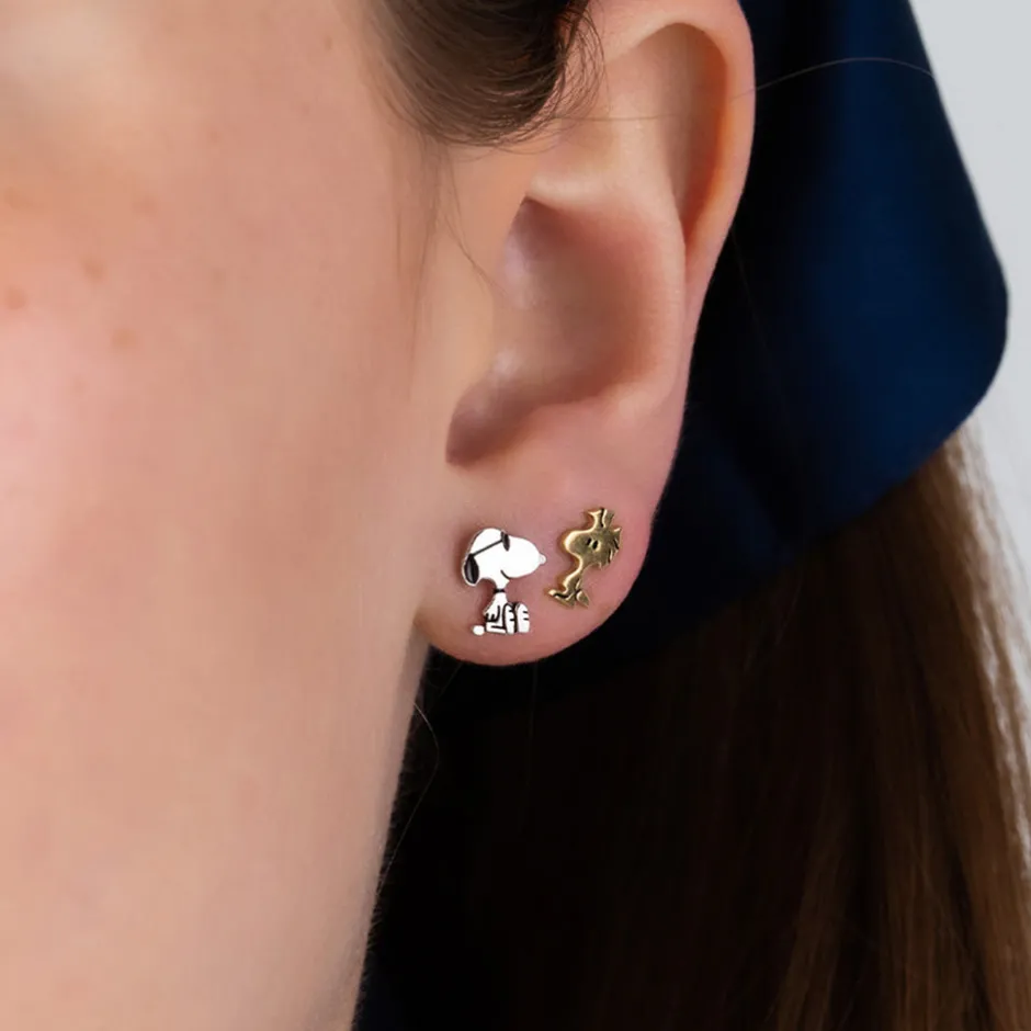 Outlet Snoopy & Woodstock .925 Sterling Silver Stud Earrings Set Finished in Pure Platinum Woodstock | Jewelry