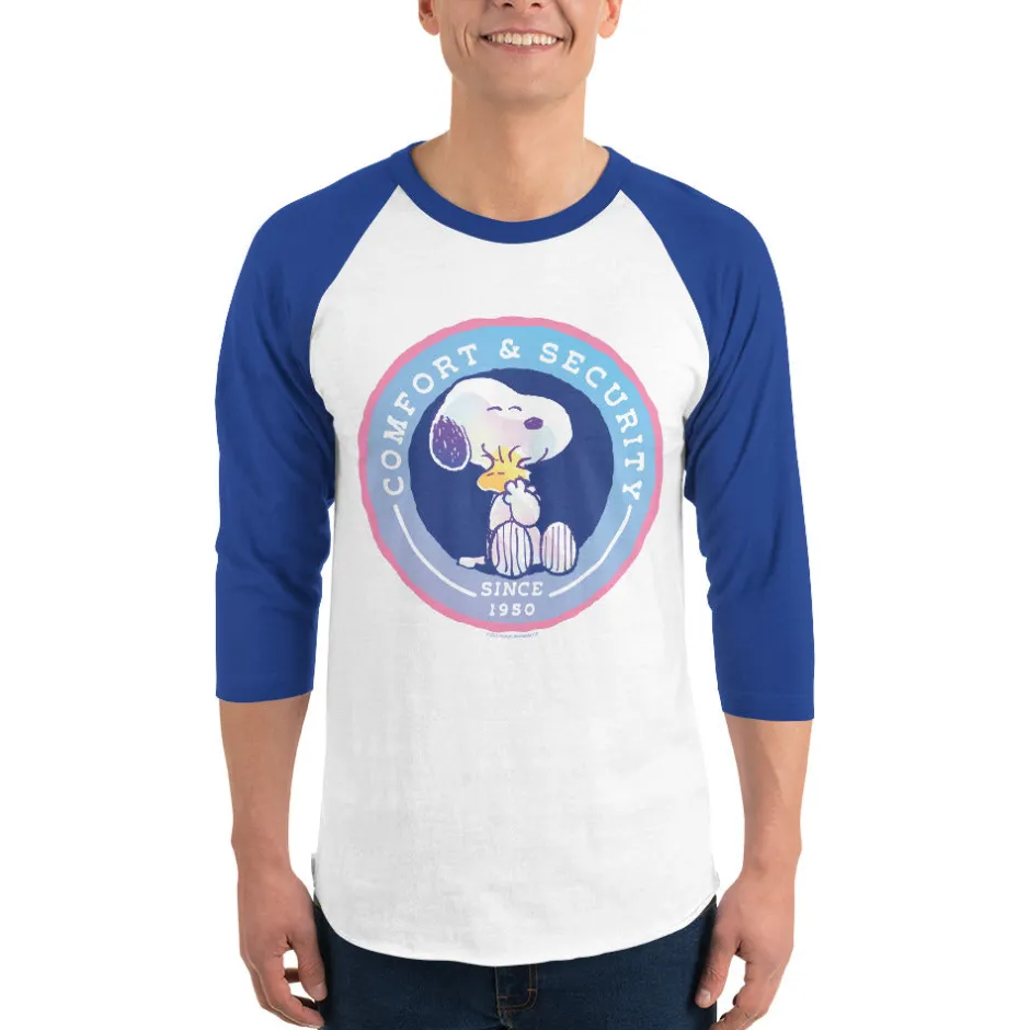 Discount 75 Years of Comfort And Security Adult Raglan T-Shirt Woodstock | Snoopy