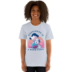 Hot 75 Years of Happiness Is A Warm Puppy Adult T-Shirt Snoopy | Lucy Van Pelt