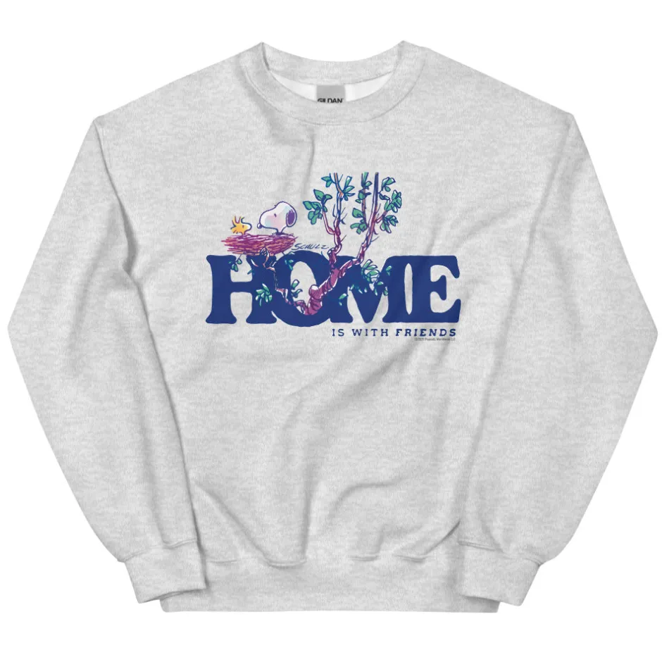 Fashion 75 Years of Home Is With Friends Adult Crewneck Sweatshirt Woodstock | Snoopy