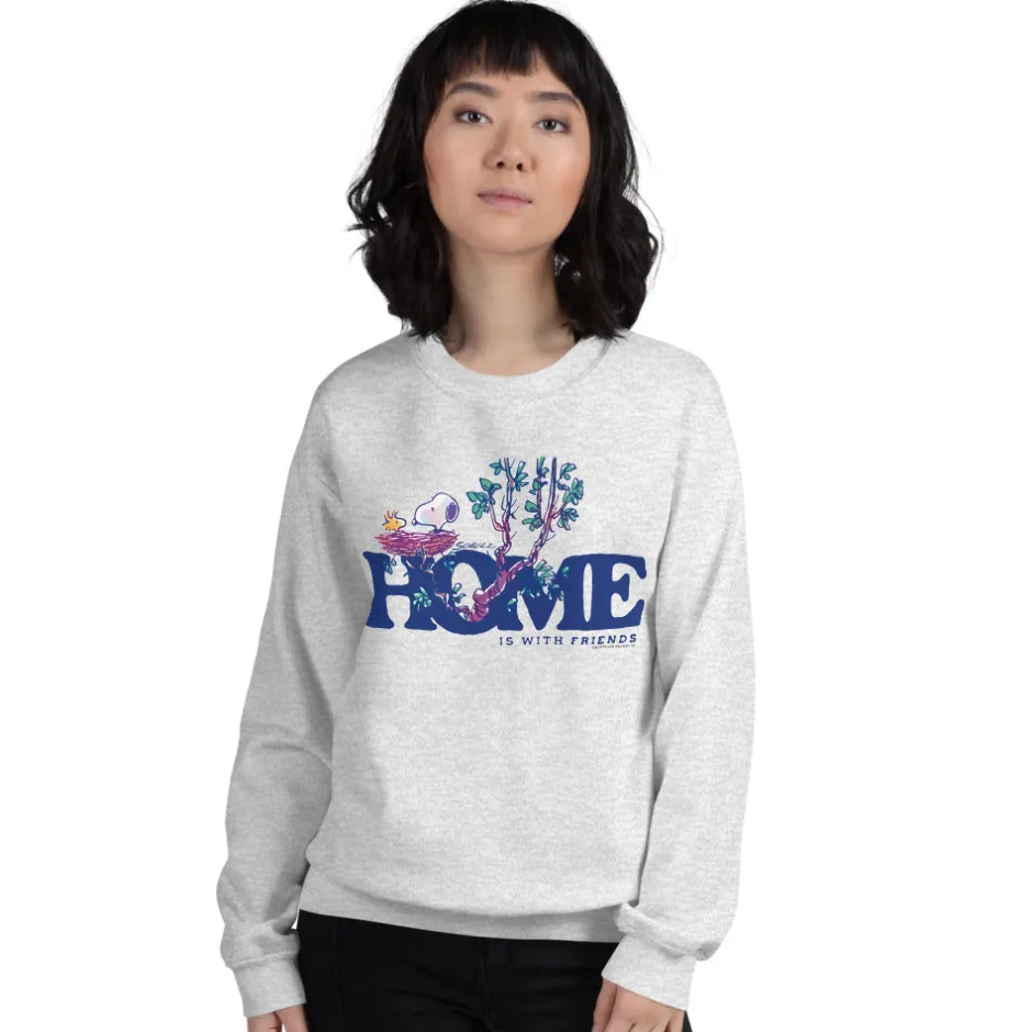 Fashion 75 Years of Home Is With Friends Adult Crewneck Sweatshirt Woodstock | Snoopy